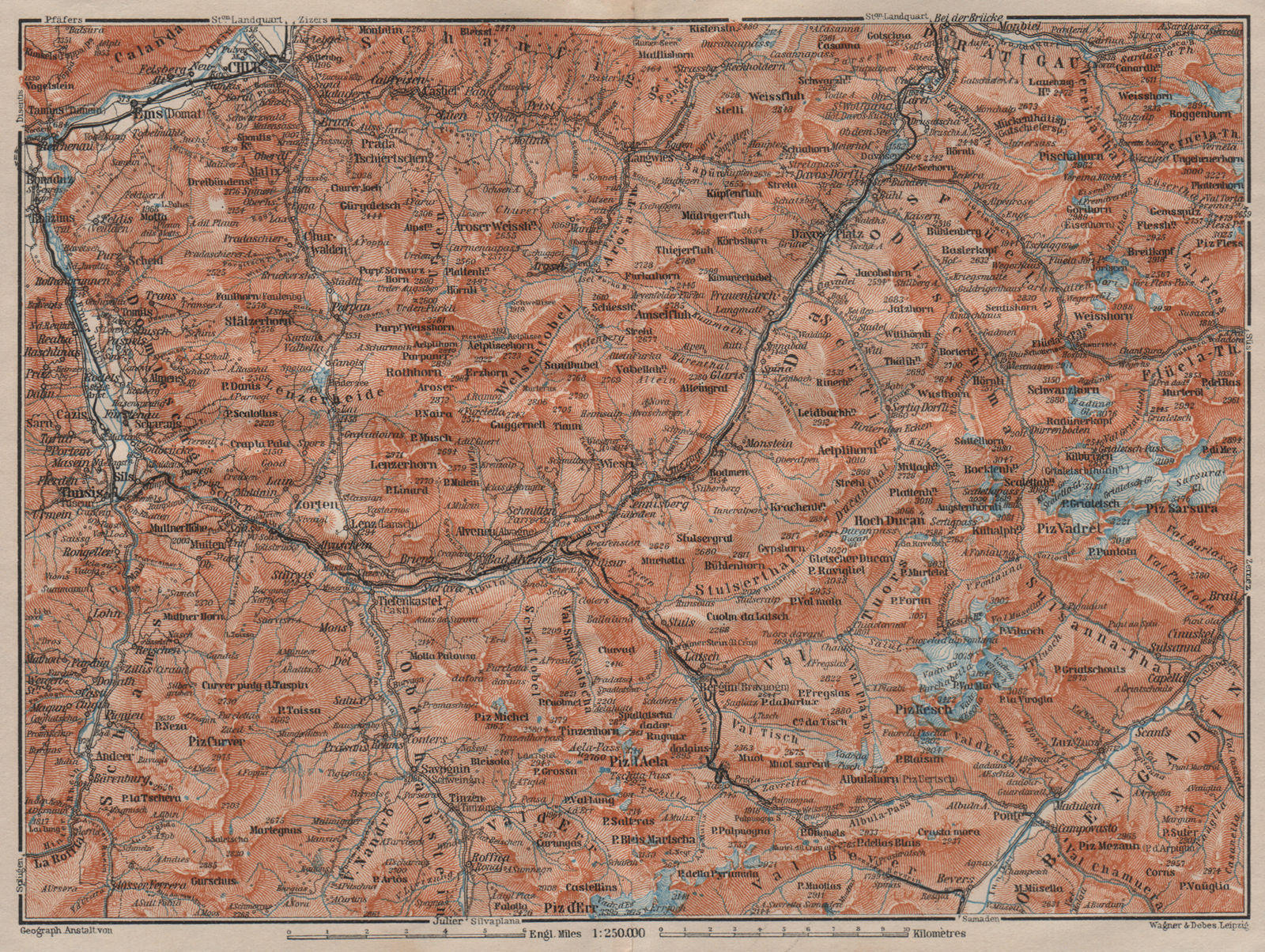 GRAUBÜNDEN/ALBULA ALPS. Chur-Samedan. Arosa Lenz Davos Savognin Thusis 1911 map